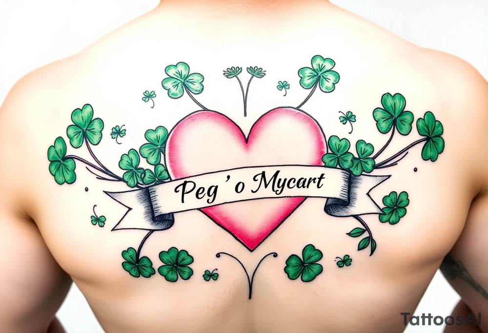 A lot of green shamrocks & ahorses with a big Pink heart and a banner across the heart that says Peg 'o My Heart tattoo idea