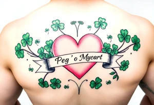 A lot of green shamrocks & ahorses with a big Pink heart and a banner across the heart that says Peg 'o My Heart tattoo idea
