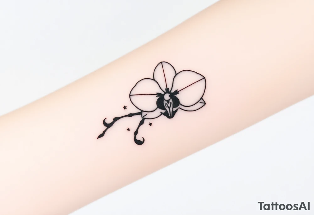A silhouette of an orchid with tiny crescent moons and stars, symbolizing femininity and cosmic beauty tattoo idea