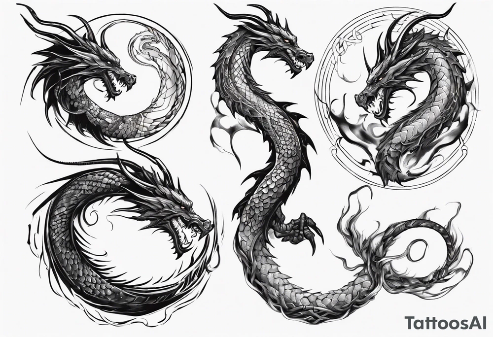 a long dragon intertwined along the arm with horns, mane, scales tattoo idea