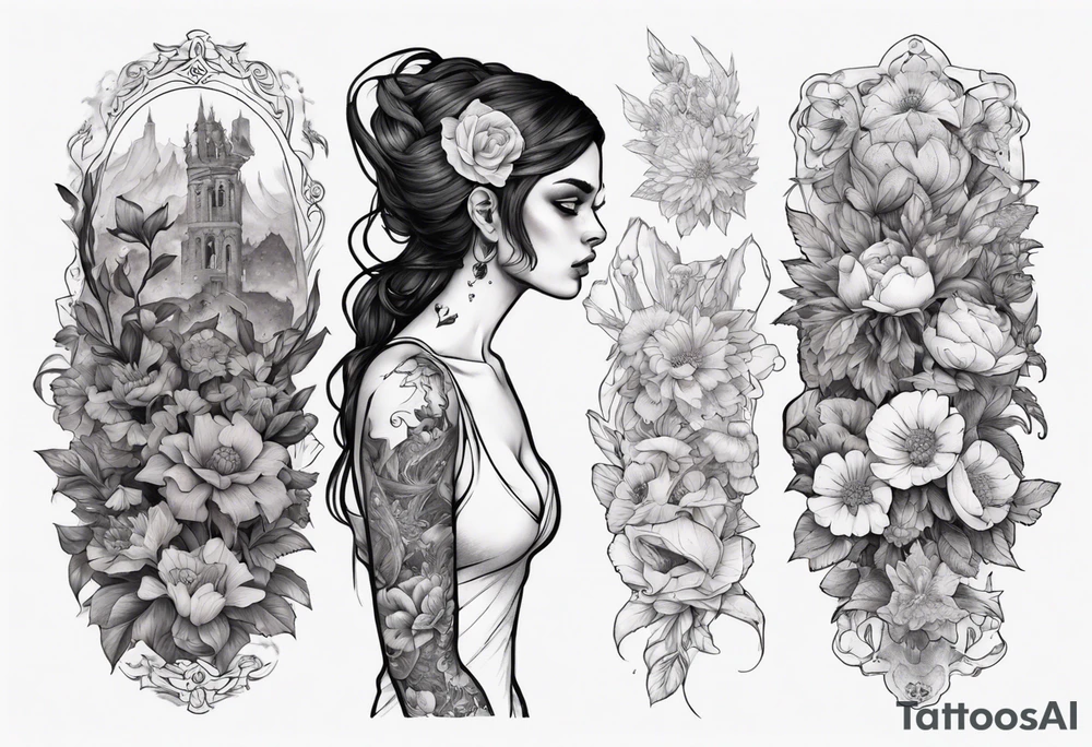 sleeve with many flowers around it and a dark elf girl tattoo idea