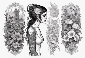 sleeve with many flowers around it and a dark elf girl tattoo idea