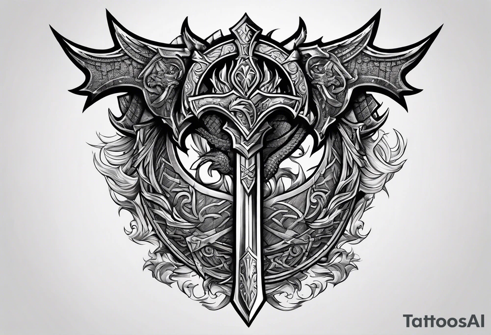 Valhalla sword shield dragon axe viking tattoo idea