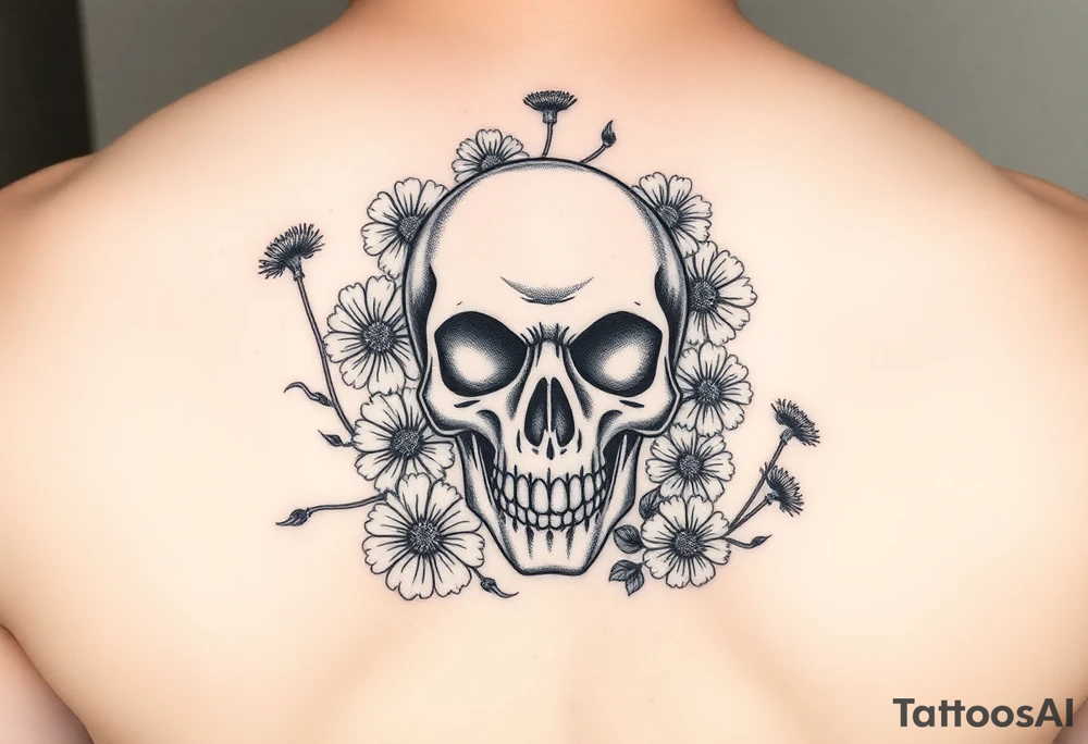 Skull surrounded by honeysuckles and dandelions tattoo idea Skull surrounded by honeysuckles and dandelions tattoo idea