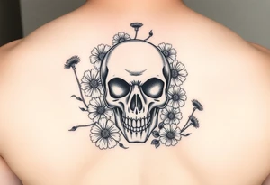 Skull surrounded by honeysuckles and dandelions tattoo idea