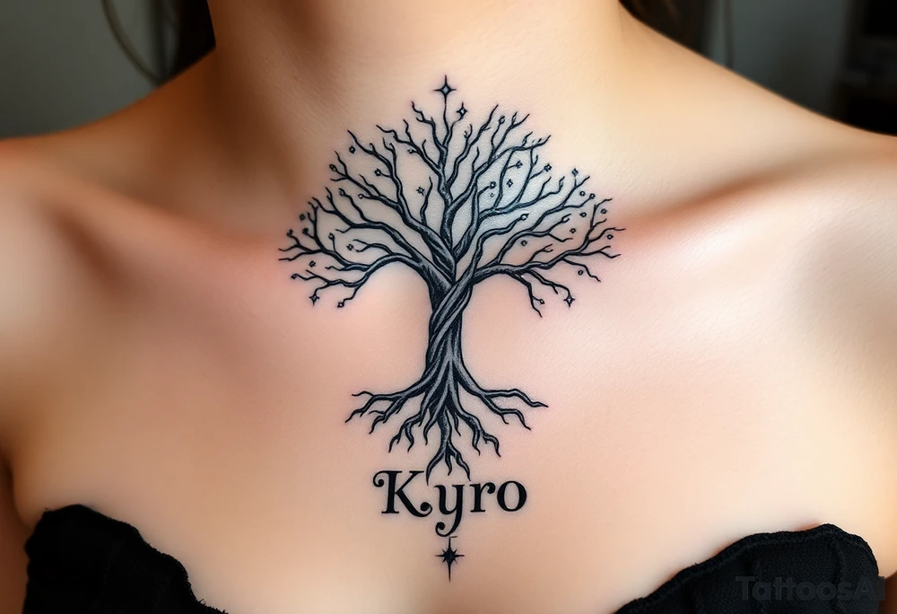 mystical tree of life with cosmic roots and celestial branches with the name Kyro tattoo idea