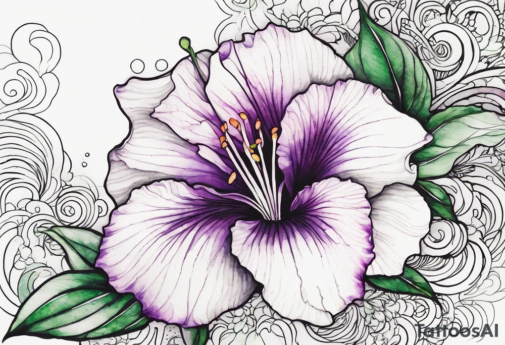 A mystical outline of a rio dipladenia flower and a green/purple watercolor splash in the background tattoo idea