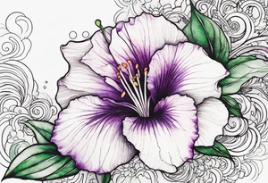 A mystical outline of a rio dipladenia flower and a green/purple watercolor splash in the background tattoo idea