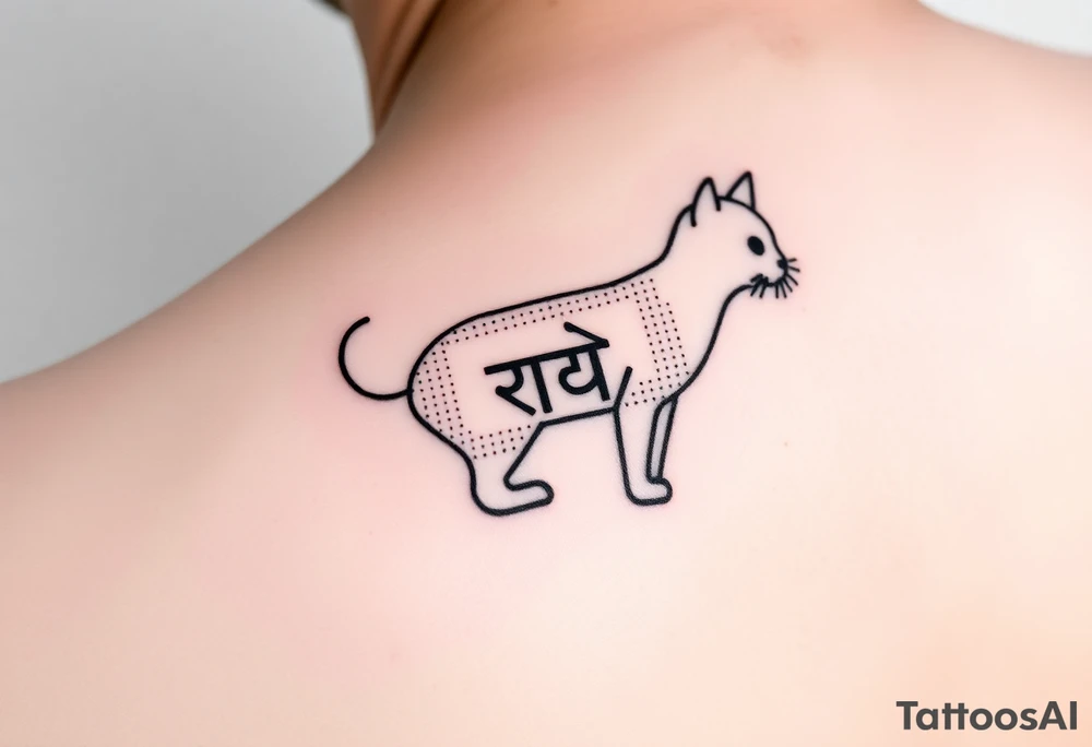 "Minimalist black tattoo of a quantum cat. Design elements:  
1. Outline made of binary code (alternating 0 and 1, crisp 1.5mm lines)  
2. Negative space inside body reveals hidden Sanskrit text ('अवलोकन न करें') when tilted  
3. Tail curves into a question mark  

Technical specs:  
- Pure black ink  
- Size: 8x5cm (forearm placement)  
- Style: geometric dotwork with optical illusion  

Philosophical hook: 'The cat only exists when unobserved'" tattoo idea