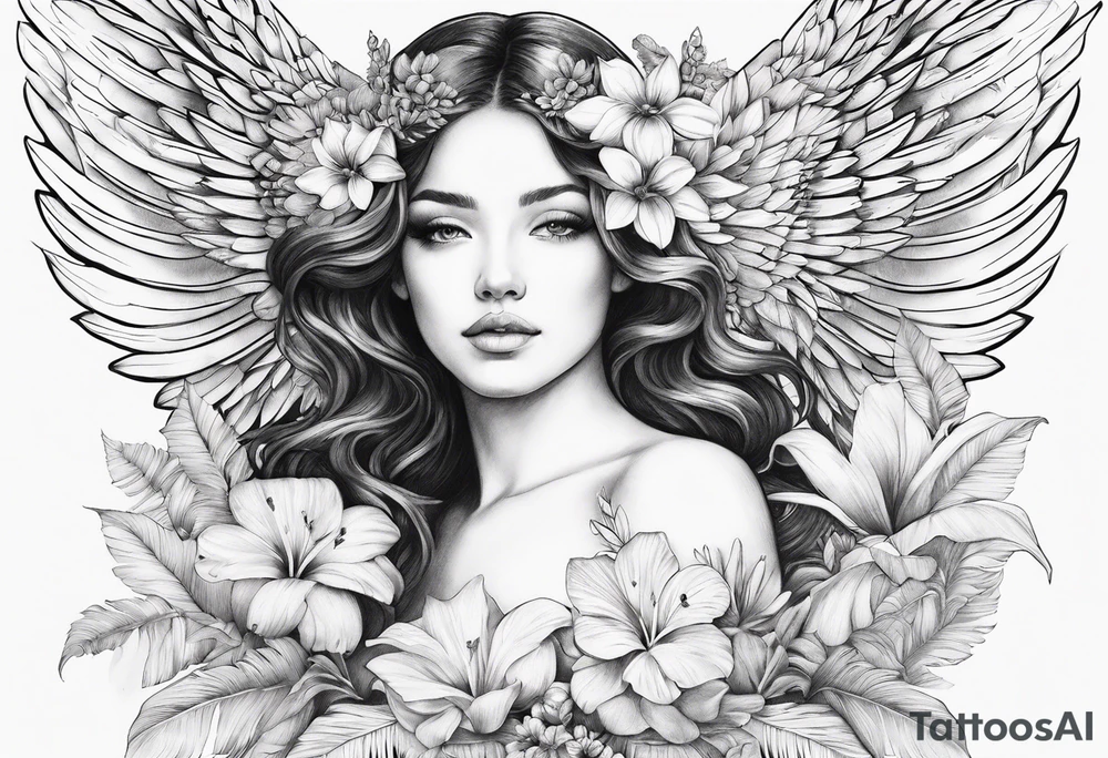 wing angel, flower, palm, sea tattoo idea