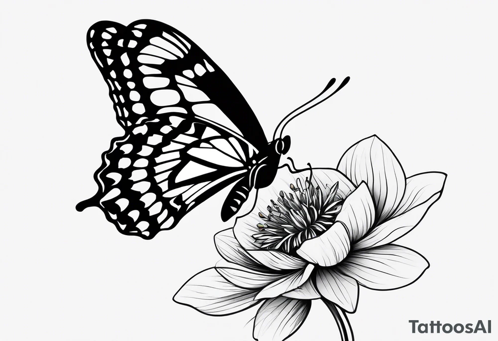 A delicate, black-and-white butterfly with fine, detailed wings, just about to land gently on a fragile, softly blooming flower. Both the butterfly and flower are drawn with elegant, minimalist lines, capturing the sense of beauty, fragility, and perfection in their natural harmony. tattoo idea