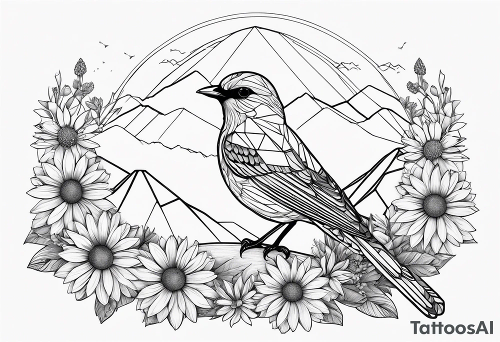Geometric Black and white bird outline with mountains in distance and a daisy tattoo idea