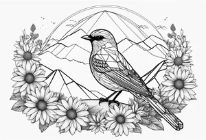 Geometric Black and white bird outline with mountains in distance and a daisy tattoo idea