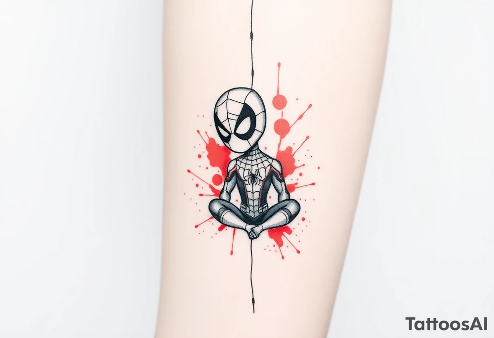 A vertical stacked tattoo design for a half-sleeve on a white background. At the top is a chibi Deadpool character in a bold ink sketch style. At the bottom is a chibi Spider-Man character sitting cross-legged in a loose pencil sketchbook style. High contrast black and grey shading. The two characters are connected by loose, energetic sketch lines and a thin spiderweb thread hanging between them. Dramatic, stylized splashes of bright, vibrant watercolor red ink splatter bursting out around both characters' suits, bleeding into the negative space. Tattoo flash sheet style, crisp linework. tattoo idea