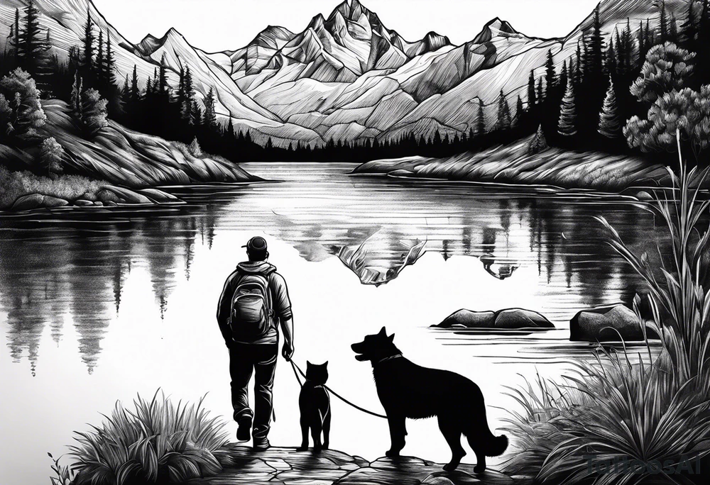 nature, sunset, mountains, a father and son hiking with their dog and cat by the water tattoo idea