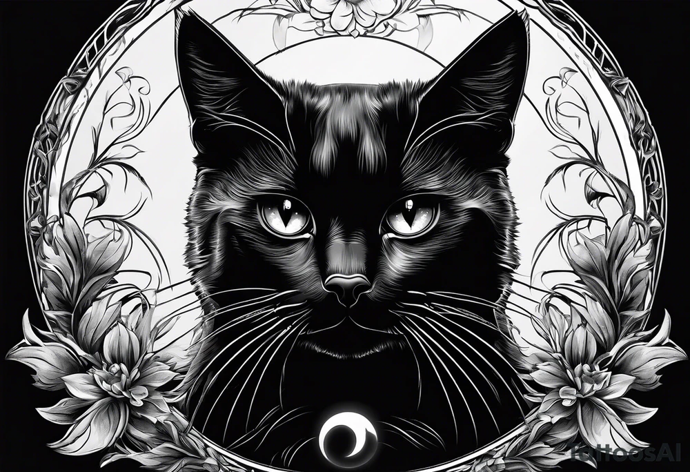Photo realistic black cat head only facing forward add moon tattoo idea Photo realistic black cat head only facing forward add moon tattoo idea