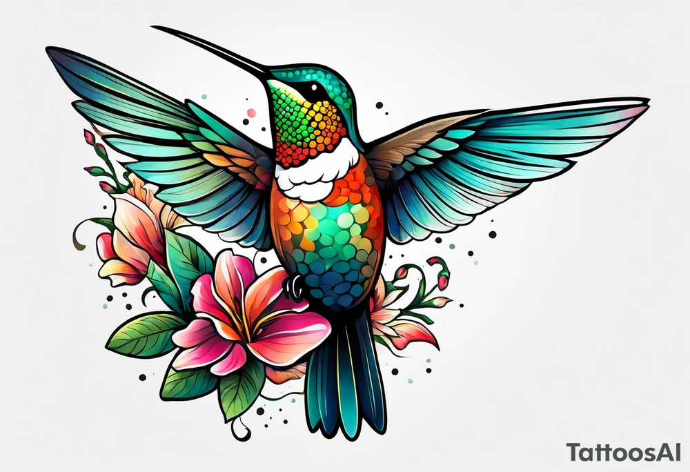 botanical, flowers, colorful, different, hummingbird, dot tattoo idea