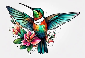 botanical, flowers, colorful, different, hummingbird, dot tattoo idea