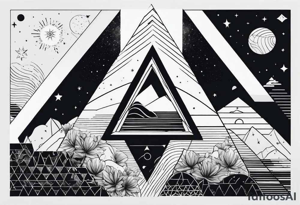 simple thick line art of space and nature in triangle shape and negative space tattoo idea