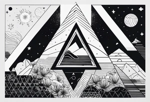 simple thick line art of space and nature in triangle shape and negative space tattoo idea