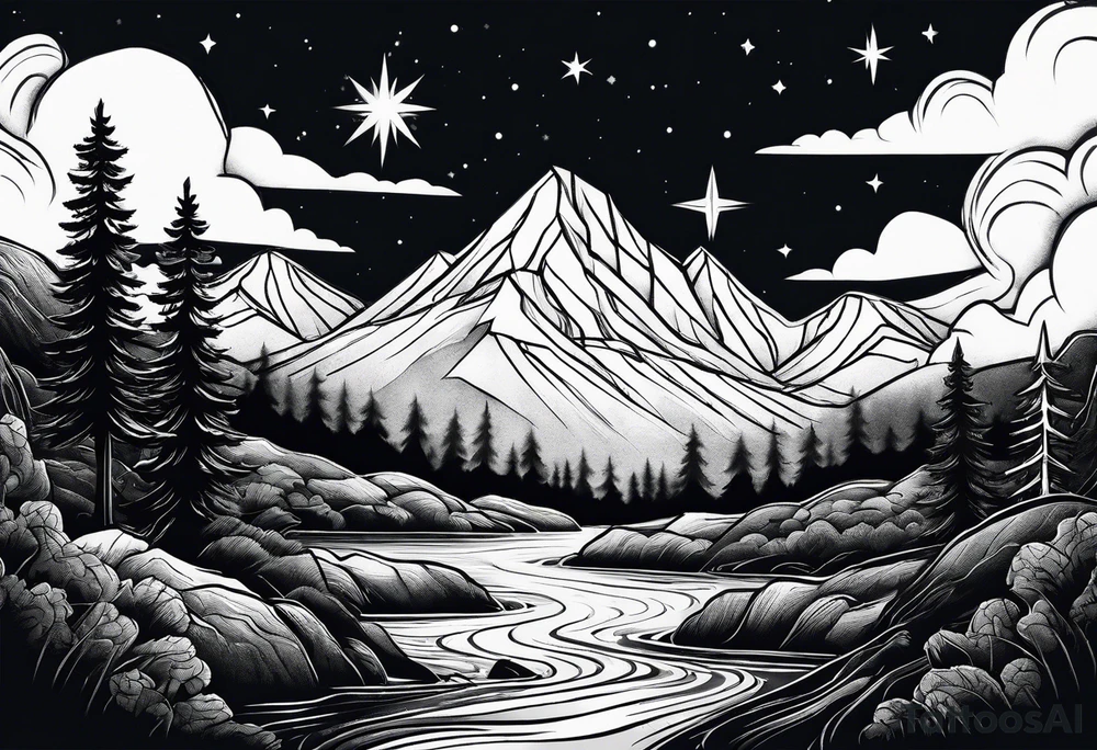 3 stars above a mountain. Waves underneath, trees to the sides tattoo idea