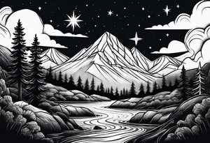 3 stars above a mountain. Waves underneath, trees to the sides tattoo idea