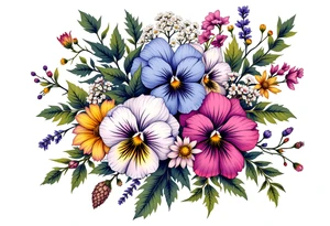 Beautiful Bouquet made up of Heather, pansy, oak, queen Anne’s lace, and honeysuckle. tattoo idea