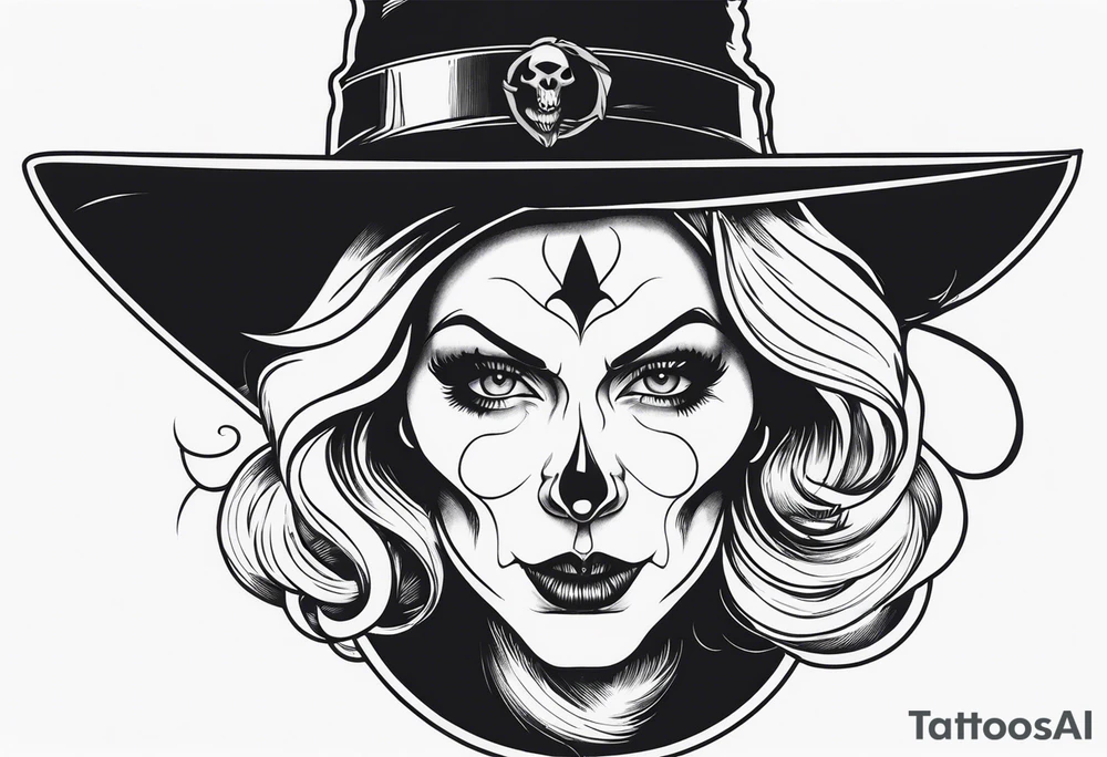 wicked witch face with just skull hair and hat tattoo idea