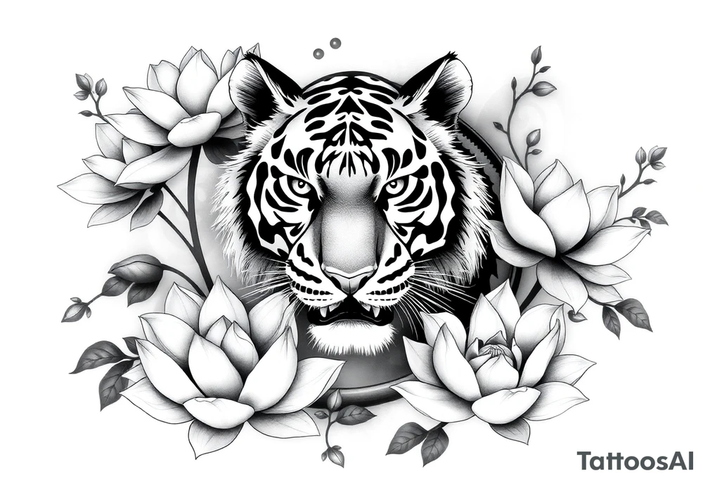 fierce tiger emerging through blooming lotus flowers in mist tattoo idea