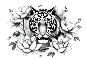 fierce tiger emerging through blooming lotus flowers in mist tattoo idea
