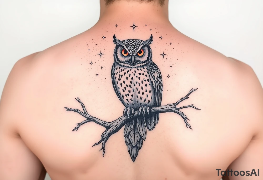 wise owl perched on ancient oak branch under starlit sky tattoo idea