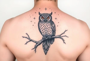 wise owl perched on ancient oak branch under starlit sky tattoo idea