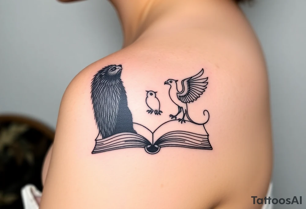 An open book with silhouettes of a werewolf, owl, dragon & phoenix above it tattoo idea