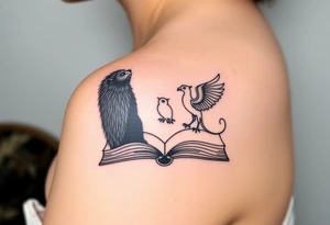 An open book with silhouettes of a werewolf, owl, dragon & phoenix above it tattoo idea