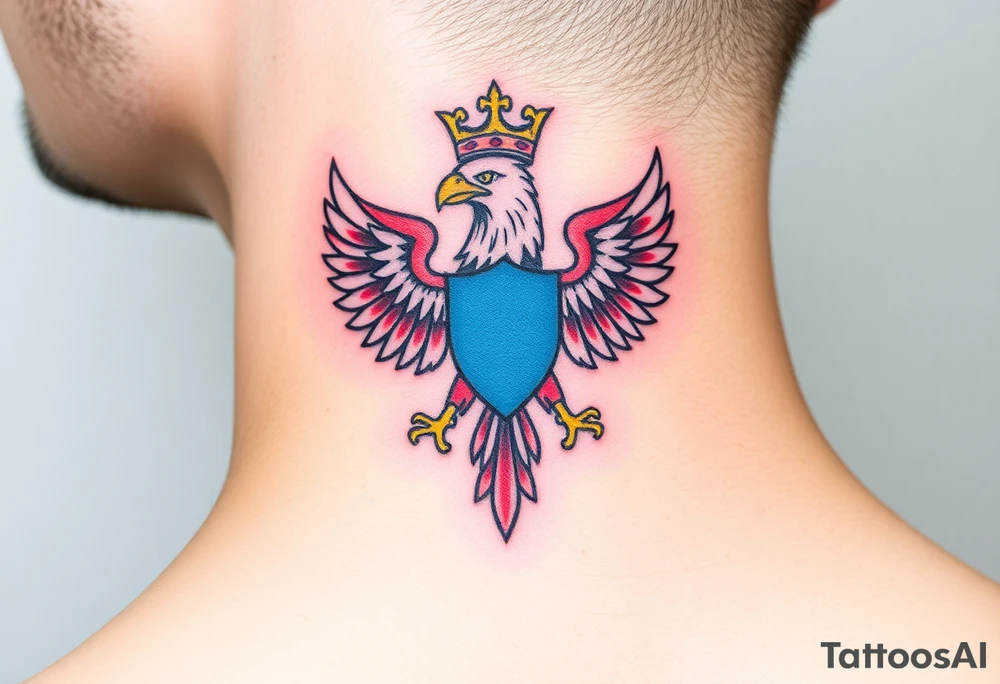 A majestic red and white Moravian eagle with golden crown on its head with a blue shield tattoo idea