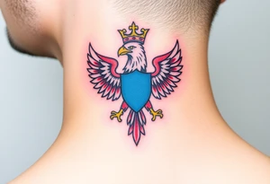 A majestic red and white Moravian eagle with golden crown on its head with a blue shield tattoo idea