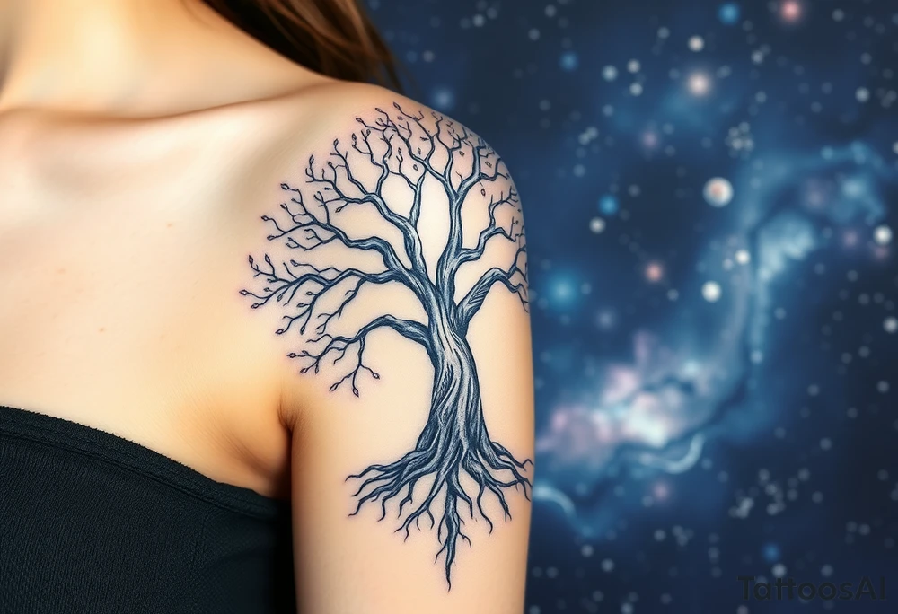 mystical tree of life with cosmic roots and celestial branches, 
more full tree and sparkles around ethereal, making it a scene in a galaxy background 
encapsulate the shoulder branches go down to elbow tattoo idea