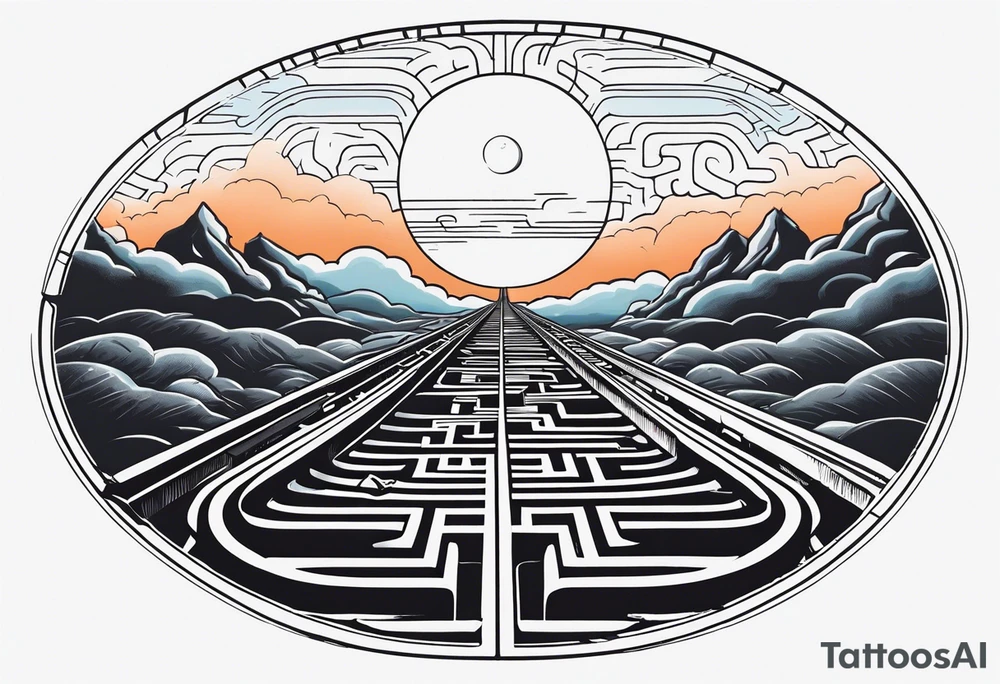 Maze with a train track in the middle. Sky cracking with moon of time tattoo idea