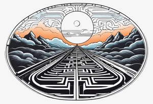 Maze with a train track in the middle. Sky cracking with moon of time tattoo idea