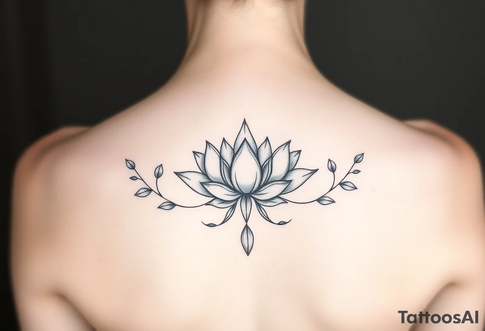 Symmetrical Lotus unalome with stems and leaves under bust tattoo idea