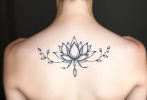 Symmetrical Lotus unalome with stems and leaves under bust tattoo idea