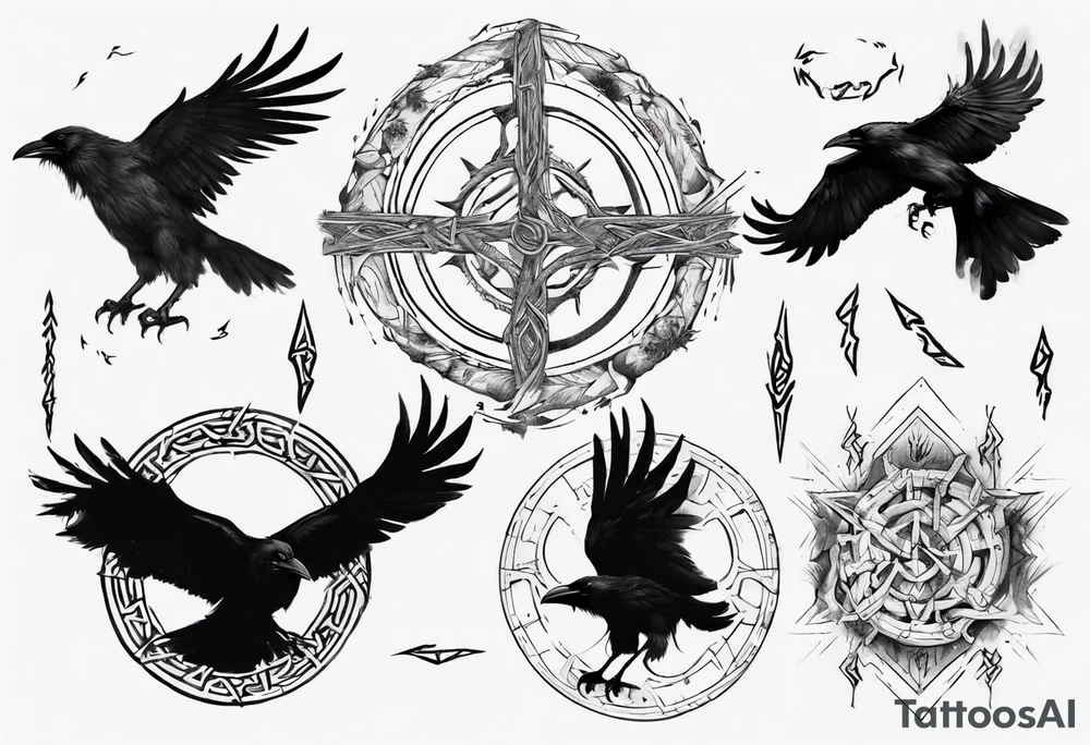 Vegsiir, yggdarsil, 2 ravens, all who wander are not lost in runes around vegsivir tattoo idea