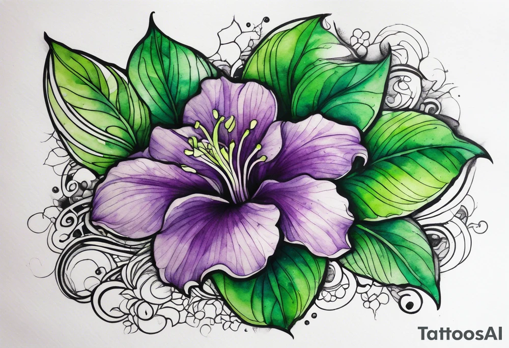 A mystical outline of a green and purple rio dipladenia flower and a green and purple watercolor splash in the background tattoo idea