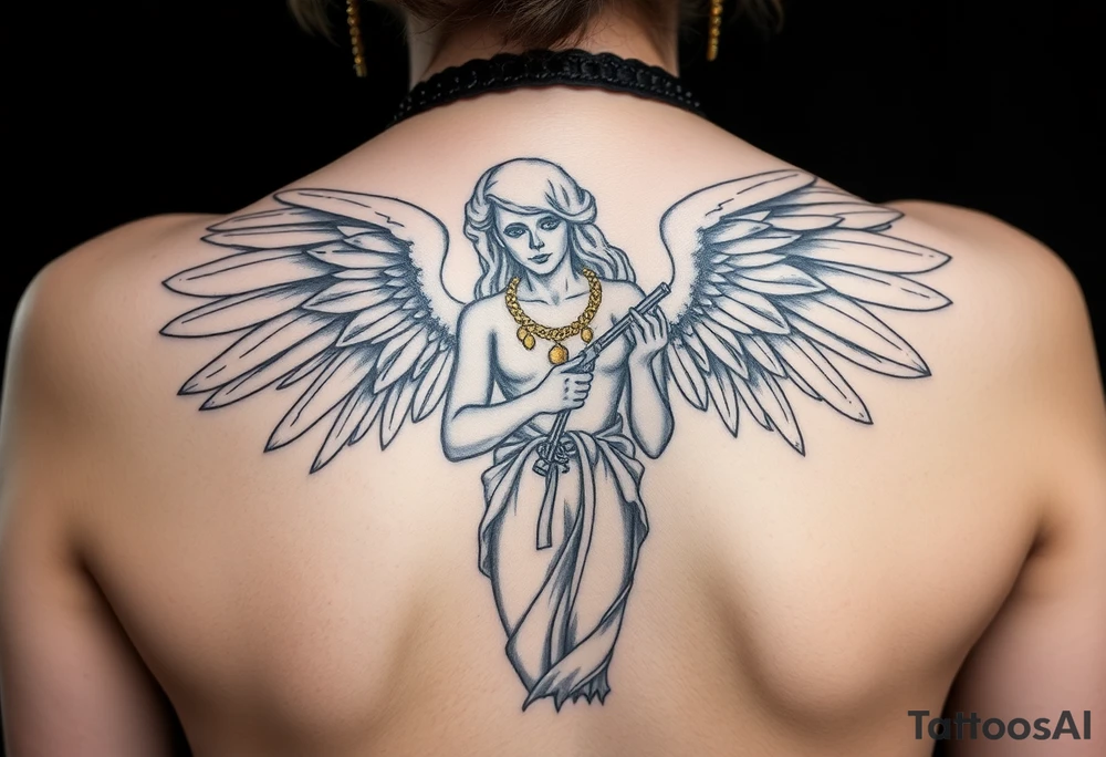 old tattooed angel statue in criminal style, weapons in hand, gangster-style gold necklaces tattoo idea