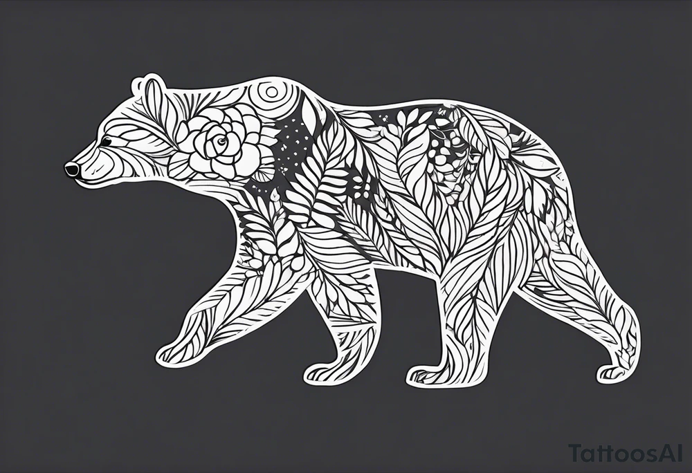 Profile of mama bear walking. The outline of the bear is a delicate floral pattern and solid lines. There are no facial features on the bear. tattoo idea
