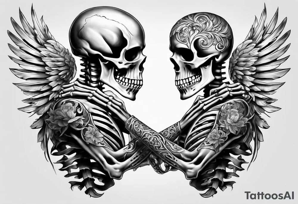 Two Skeletons both reaching for a sword tattoo idea