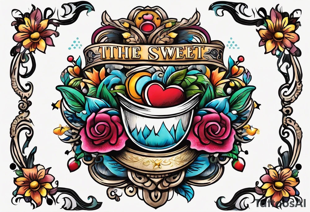 bold, colorful, includes the words "The Sweet Ink", in a circle design tattoo idea
