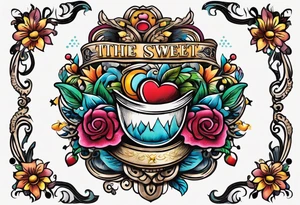 bold, colorful, includes the words "The Sweet Ink", in a circle design tattoo idea