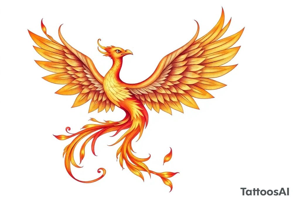 magnificent phoenix rising from golden flames with trailing embers tattoo idea