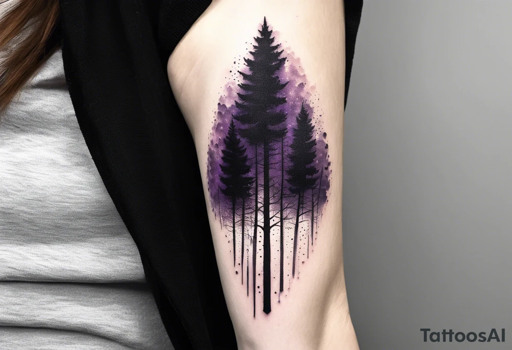 forest, purple and black, on forearm, fully covered, no borders, blackwork tattoo idea